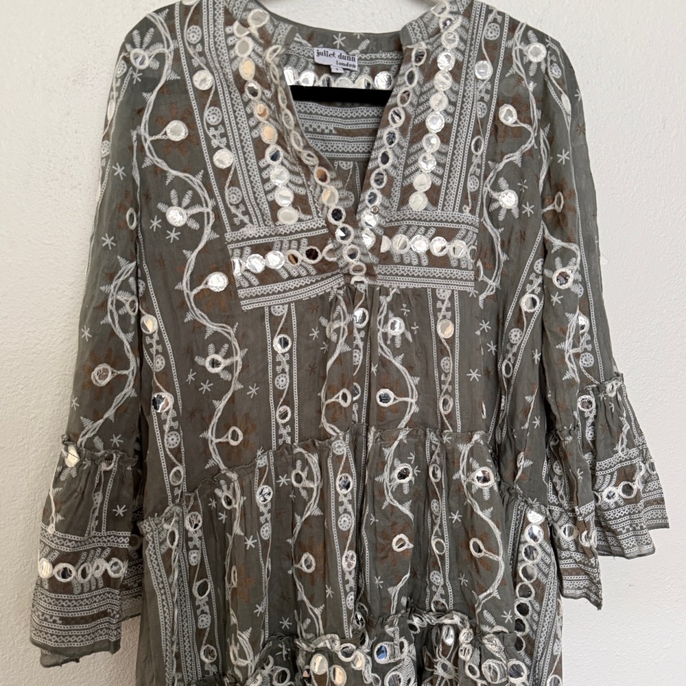 Juliet Dunn Mosaic Print Mirror-Appliqué Flutter Bell Sleeves Dress Brand Size 1 - Picture 7 of 14
